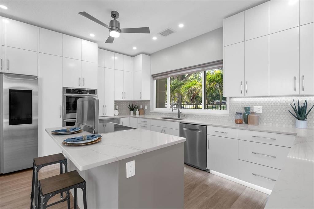 Interior, Kitchen, Recessed Lighting, Stainless Steel Appliances, Wood Texture Flooring