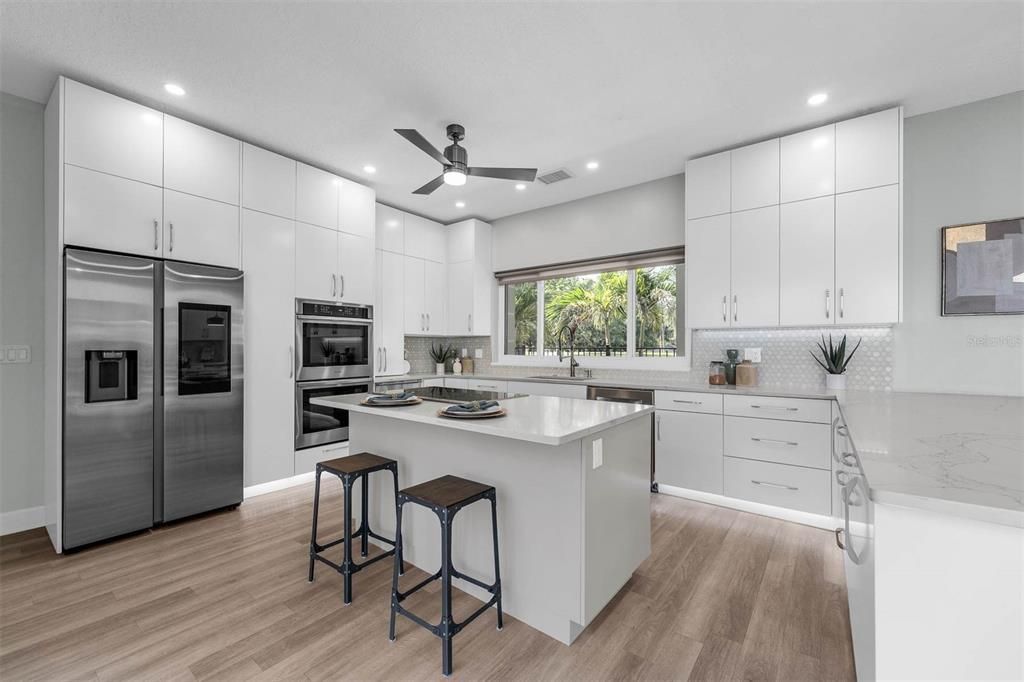 Interior, Kitchen, Recessed Lighting, Stainless Steel Appliances, Wood Texture Flooring