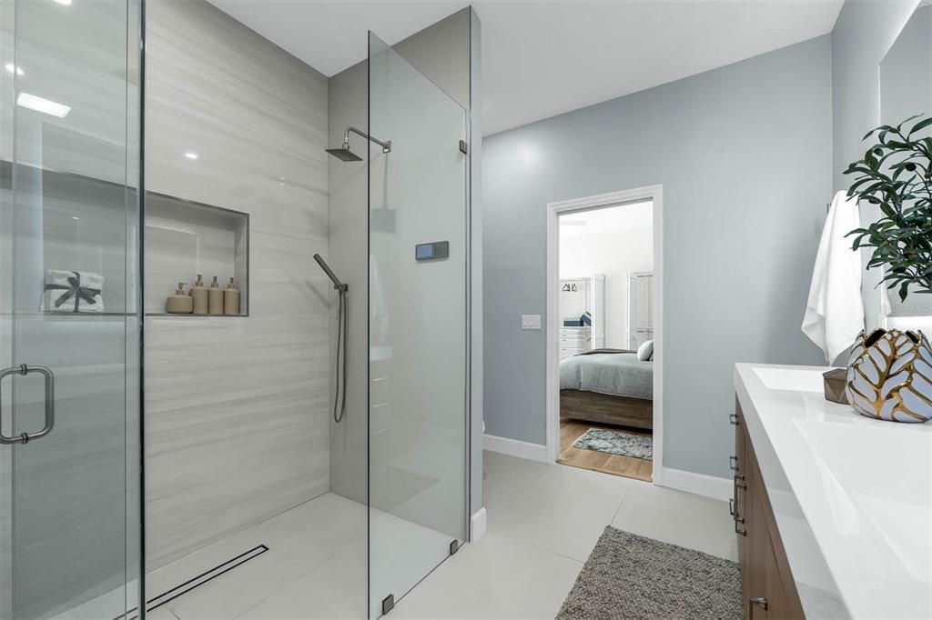 Bathroom, Bedroom, Glass Shower, Interior, Recessed Lighting, Wood Texture Flooring