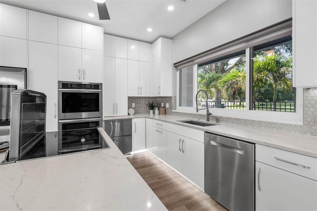 Interior, Kitchen, Recessed Lighting, Stainless Steel Appliances, Wood Texture Flooring