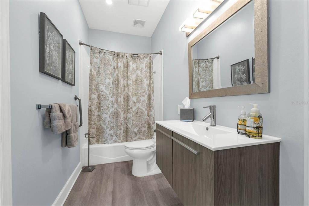 Bathroom, Interior, Recessed Lighting, Wood Texture Flooring