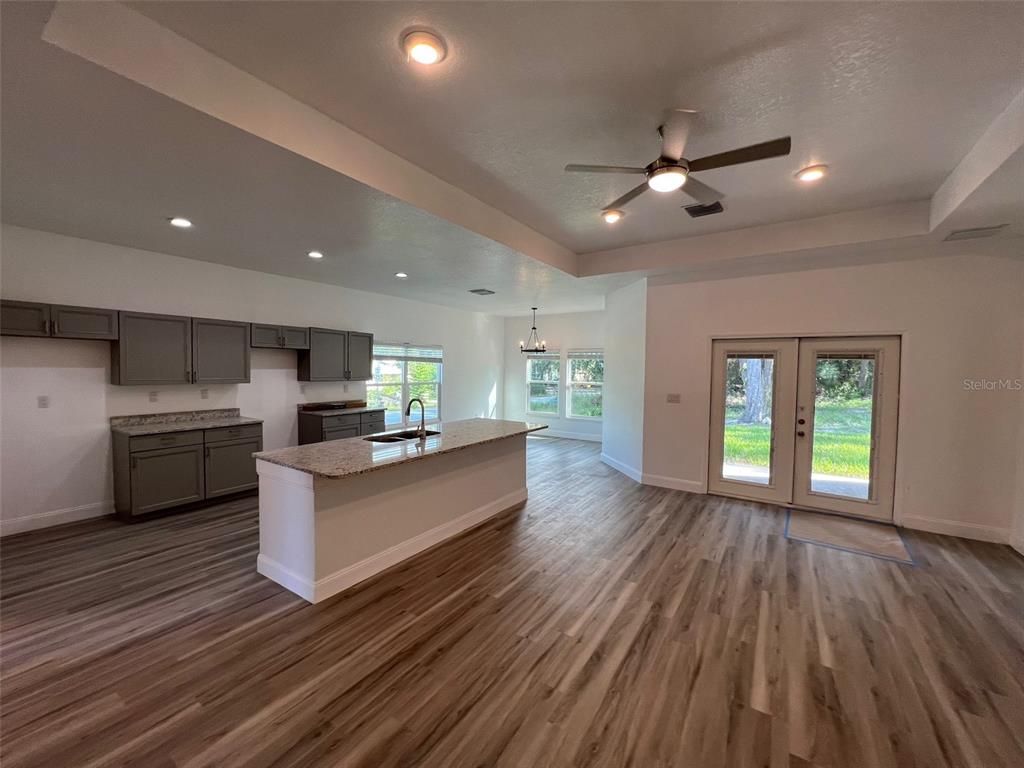 Empty room, Interior, Kitchen, Pendant Lights, Recessed Lighting, Wood Texture Flooring