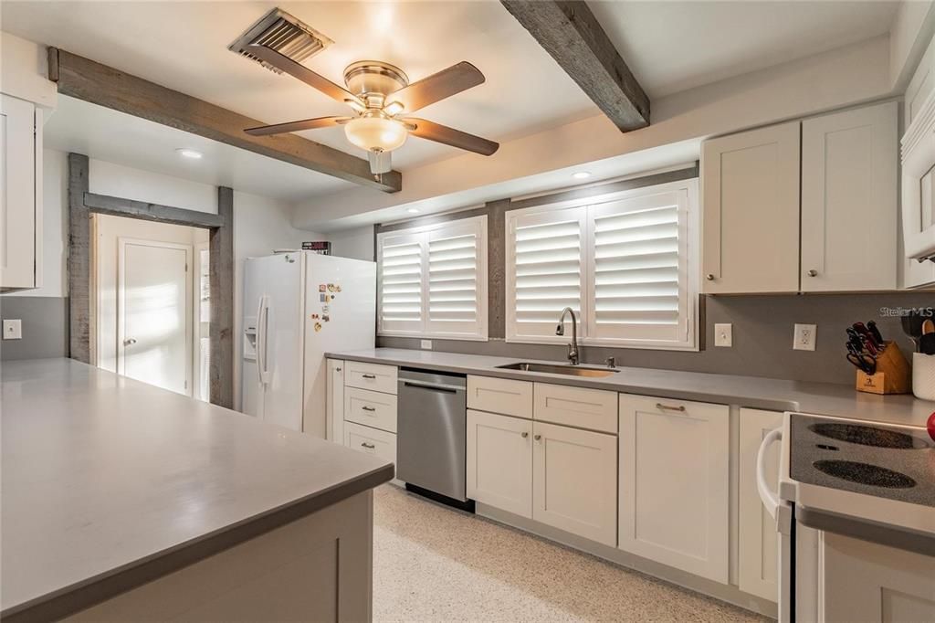 Interior, Kitchen, Recessed Lighting, Stainless Steel Appliances, Wooden Beams