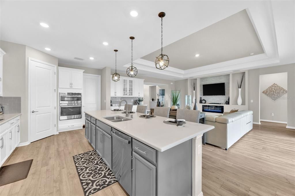 Interior, Kitchen, Living room, Pendant Lights, Recessed Lighting, Stainless Steel Appliances, Wood Texture Flooring