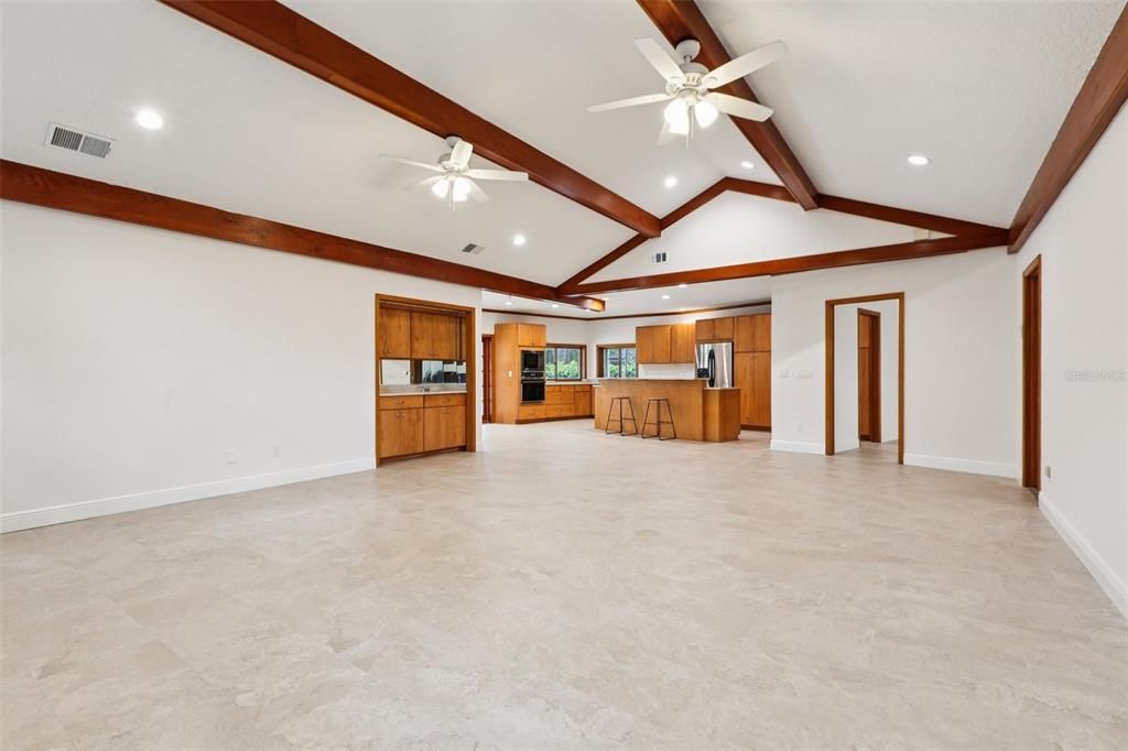 Empty room, Interior, Kitchen, Recessed Lighting, Wooden Beams