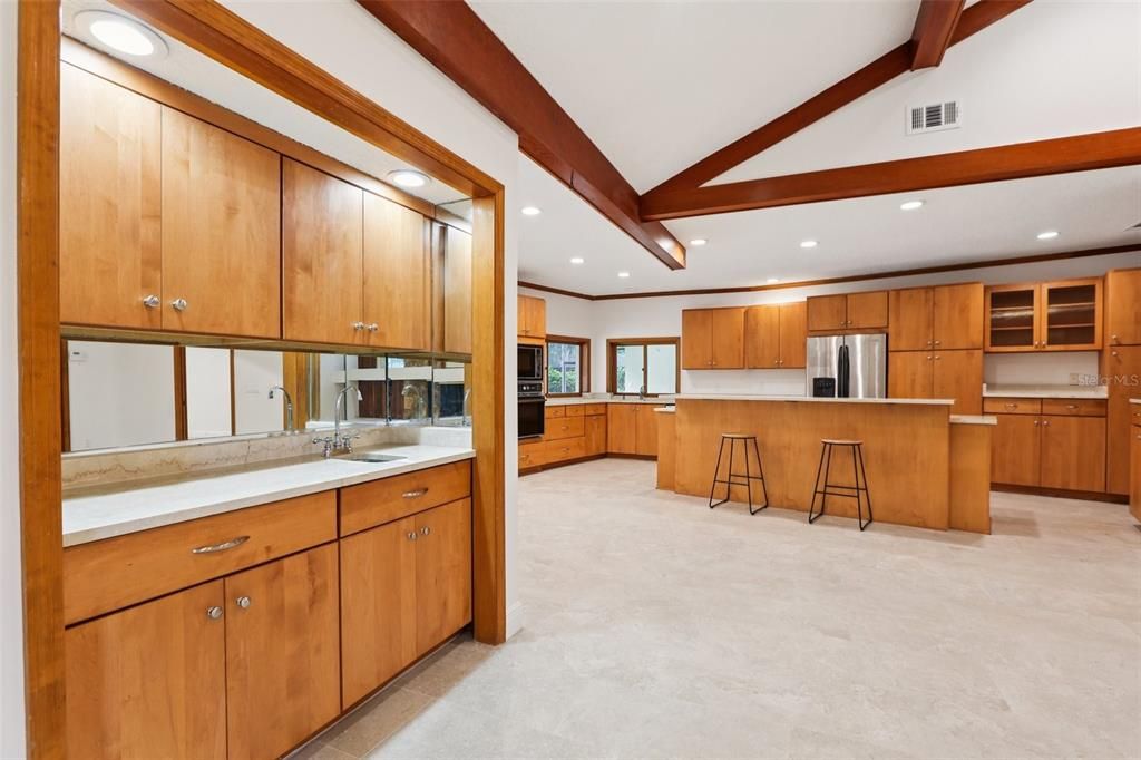 Interior, Kitchen, Recessed Lighting, Stainless Steel Appliances, Wooden Beams