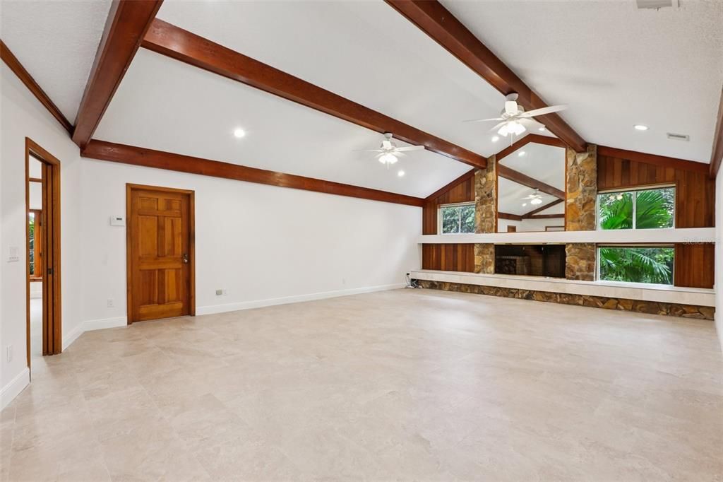 Empty room, Fireplace, Interior, Recessed Lighting, Wooden Beams