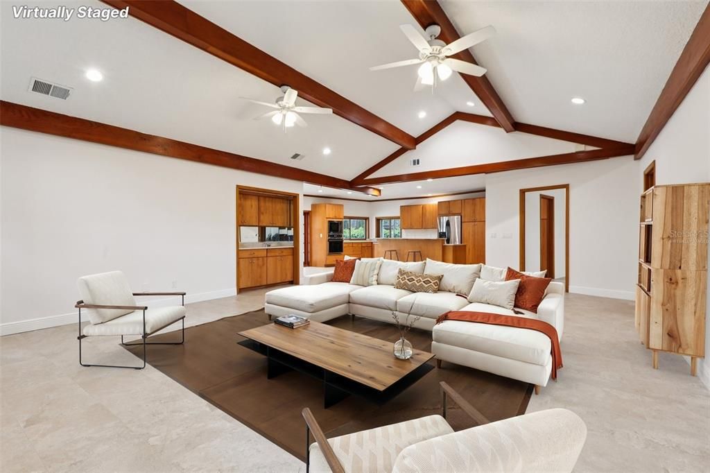 Interior, Kitchen, Living room, Recessed Lighting, Wooden Beams