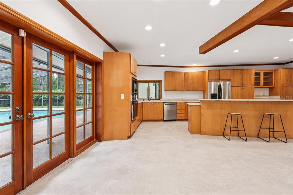 Interior, Kitchen, Recessed Lighting, Stainless Steel Appliances, Wooden Beams