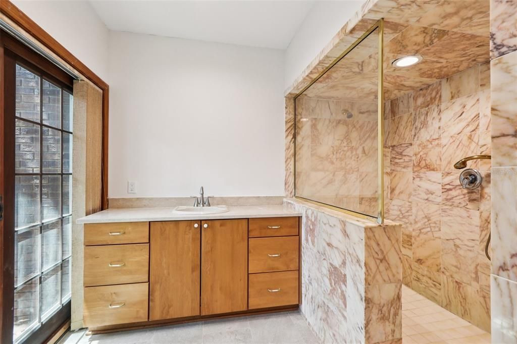 Bathroom, Interior, Marble Walls, Recessed Lighting