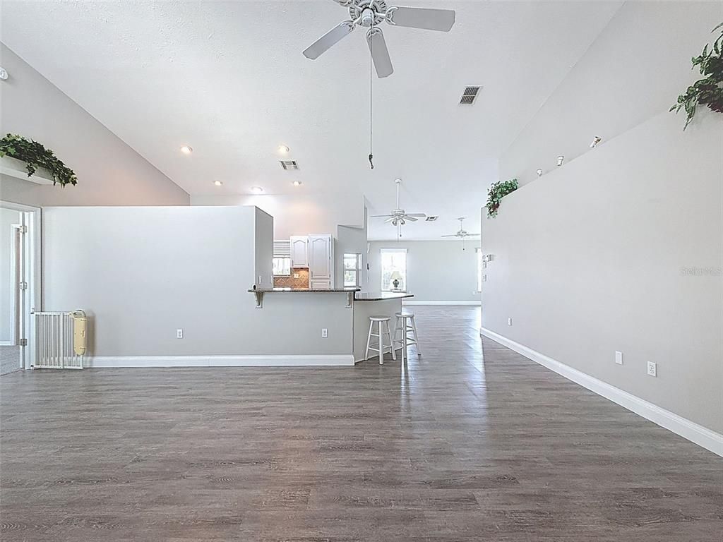 Empty room, Interior, Kitchen, Recessed Lighting, Wood Texture Flooring