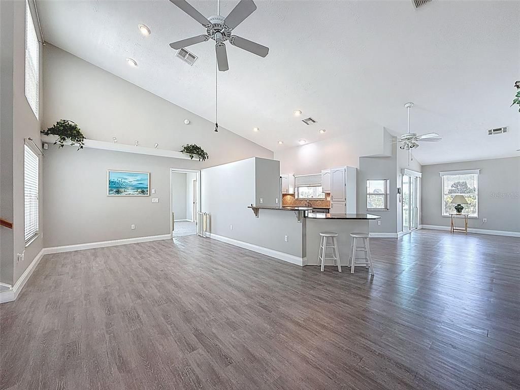Empty room, Interior, Kitchen, Recessed Lighting, Wood Texture Flooring