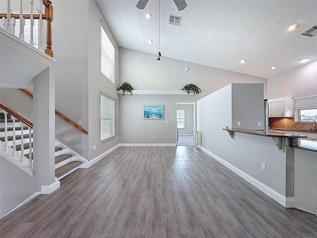 Empty room, Interior, Kitchen, Pendant Lights, Recessed Lighting, Wood Texture Flooring