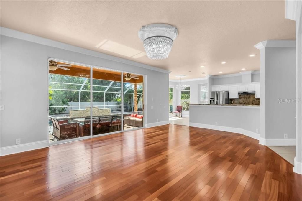 Chandelier, Interior, Kitchen, Recessed Lighting, Stainless Steel Appliances, Wood Texture Flooring