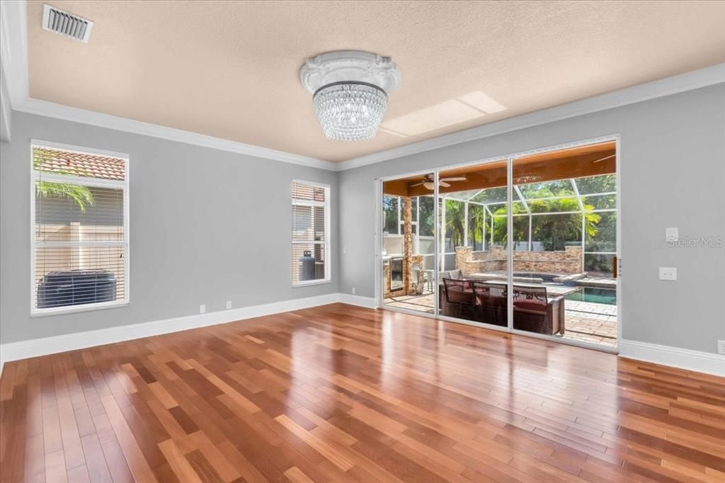 Chandelier, Empty room, Interior, Wood Texture Flooring