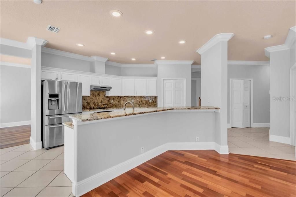 Interior, Kitchen, Recessed Lighting, Stainless Steel Appliances, Wood Texture Flooring