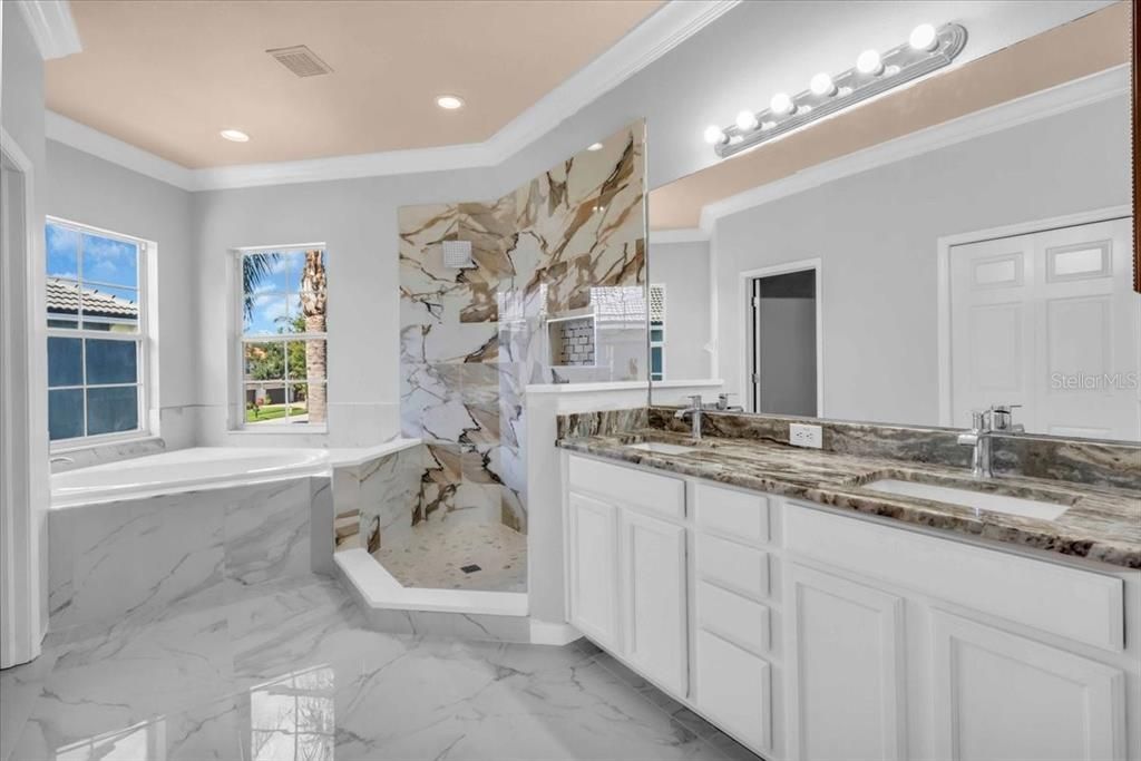 Bathroom, Dual Sink Vanities, Interior, Marble, Marble Walls, Recessed Lighting