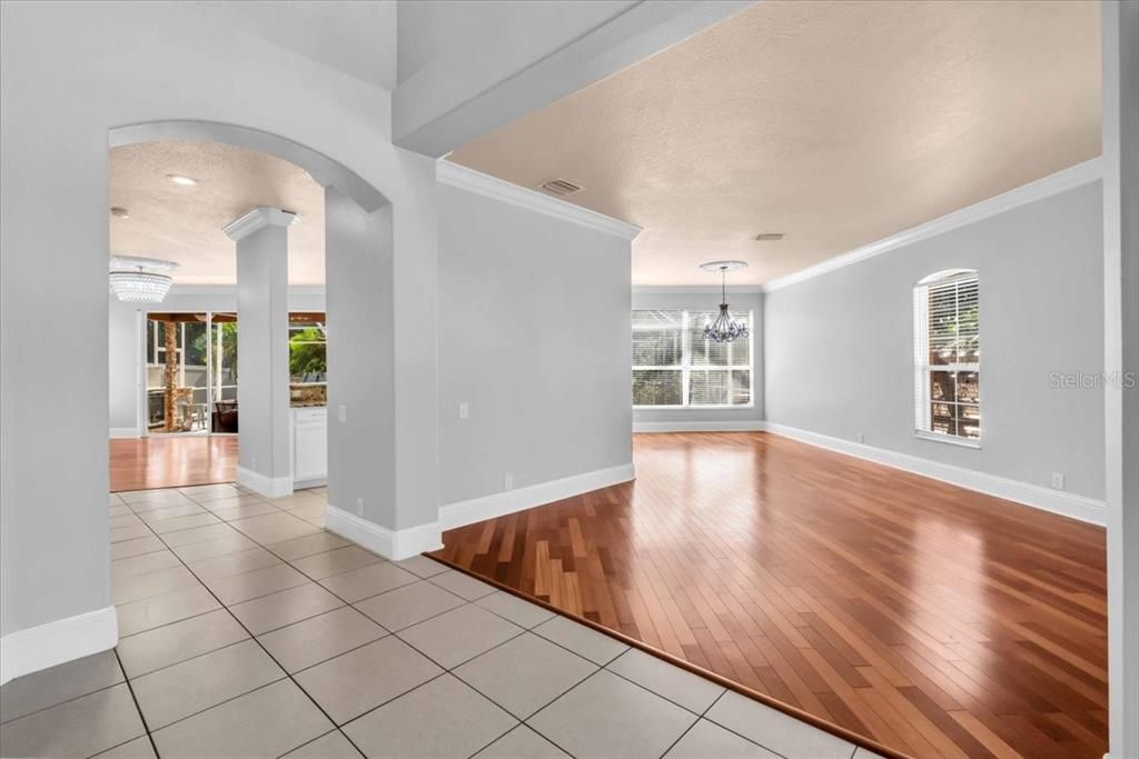 Chandelier, Empty room, Interior, Recessed Lighting, Wood Texture Flooring