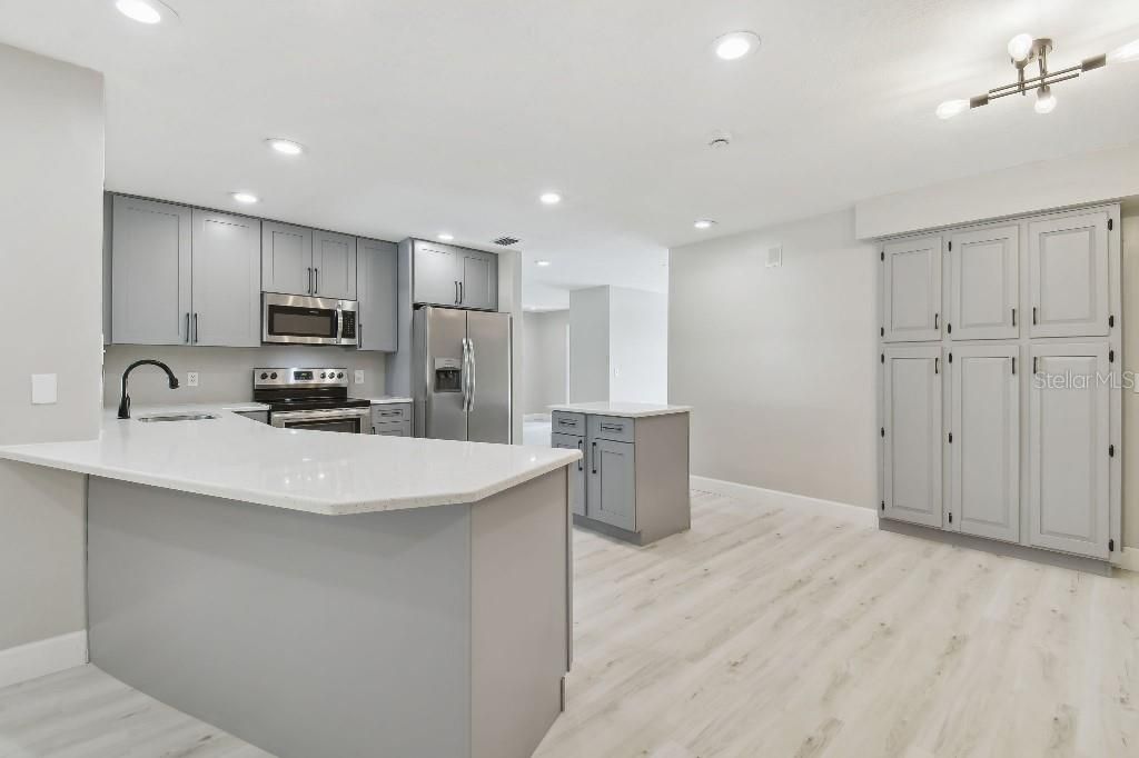 Interior, Kitchen, Recessed Lighting, Stainless Steel Appliances, Wood Texture Flooring