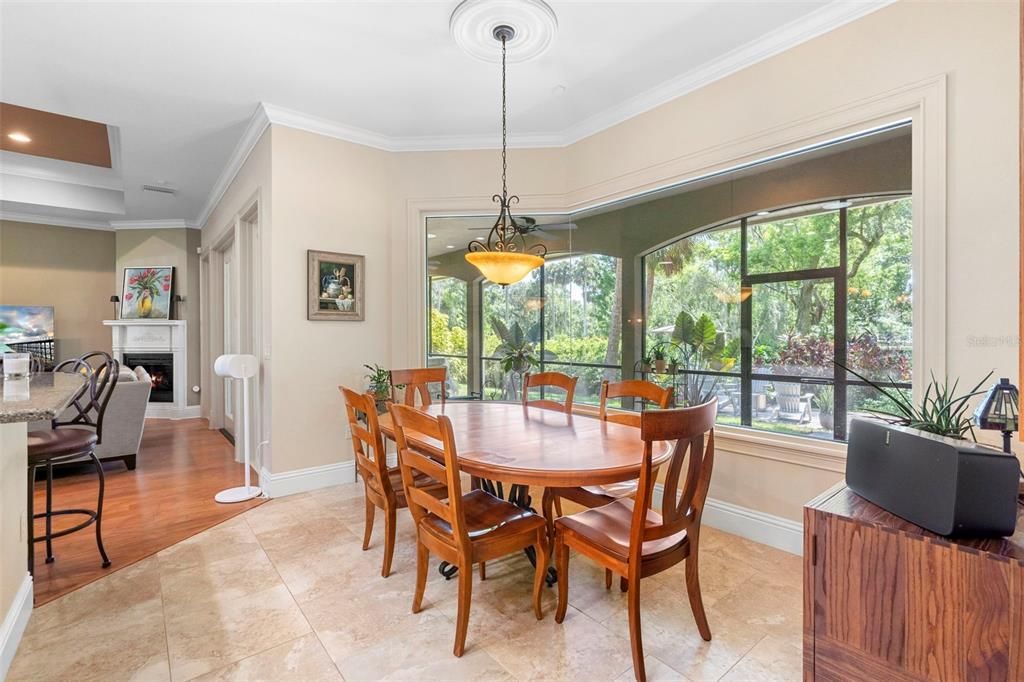 Dining room, Fireplace, Interior, Pendant Lights, Recessed Lighting, Wood Texture Flooring