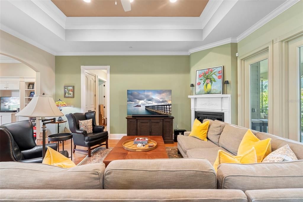 Fireplace, Interior, Living room, Recessed Lighting, Wood Texture Flooring