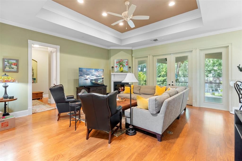 Fireplace, Interior, Living room, Recessed Lighting, Wood Texture Flooring