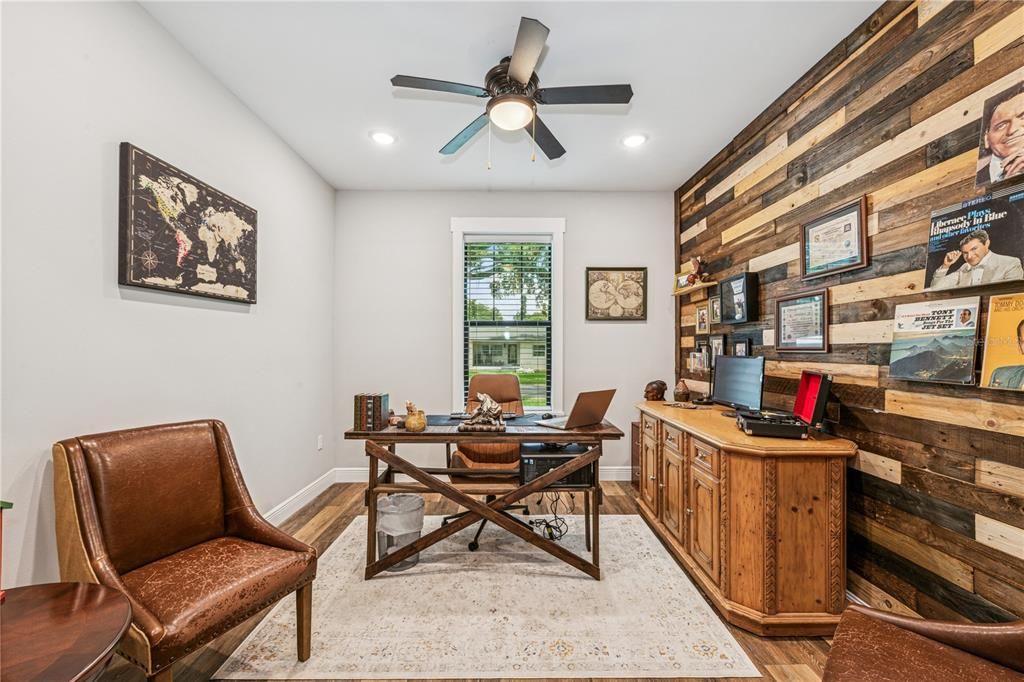 Home Office, Interior, Recessed Lighting, Wood Texture Flooring, Wooden Walls