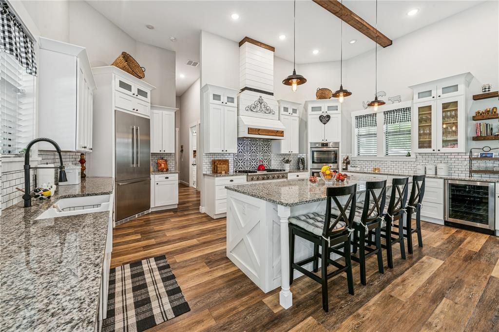 Interior, Kitchen, Pendant Lights, Recessed Lighting, Stainless Steel Appliances, Wooden Beams, Wood Texture Flooring