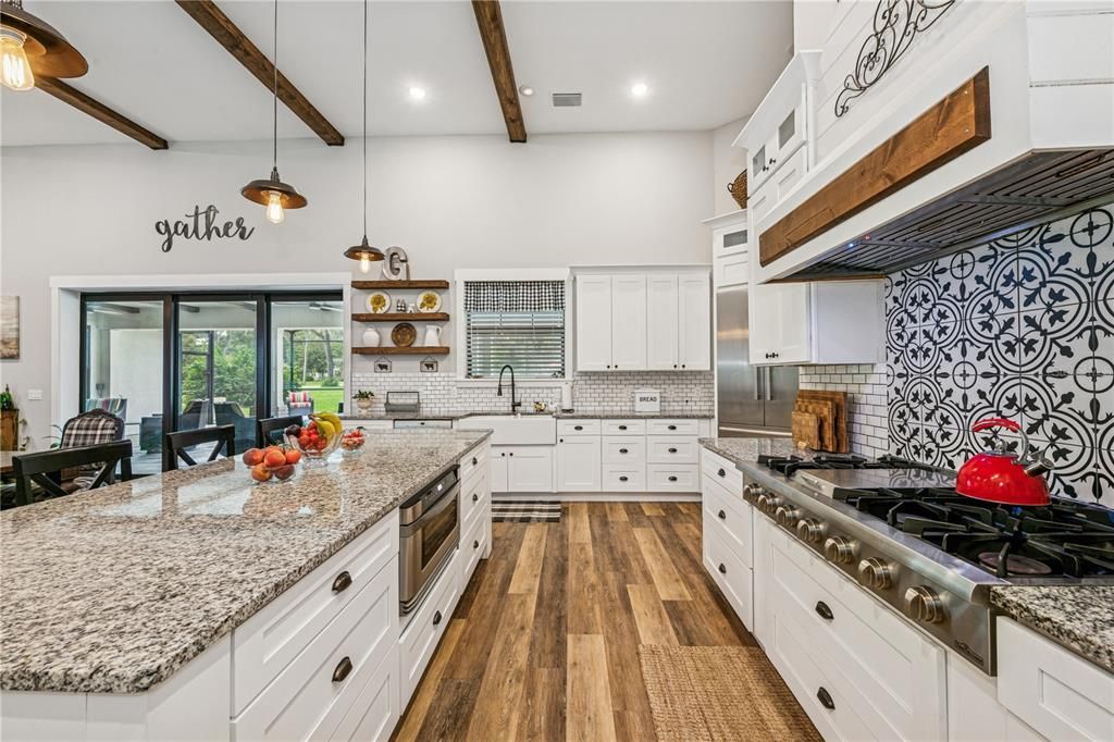 Interior, Kitchen, Pendant Lights, Recessed Lighting, Stainless Steel Appliances, Wooden Beams, Wood Texture Flooring