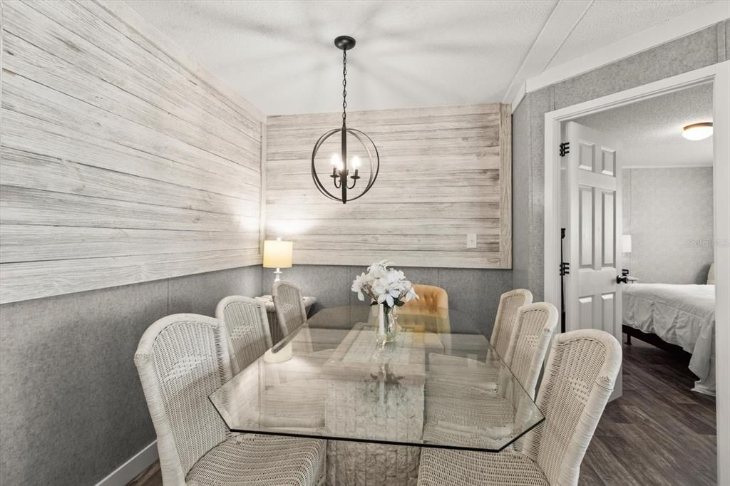 Bedroom, Dining room, Interior, Pendant Lights, Wood Texture Flooring