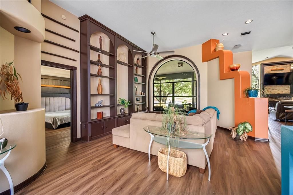Bedroom, Interior, Living room, Recessed Lighting, Wood Texture Flooring