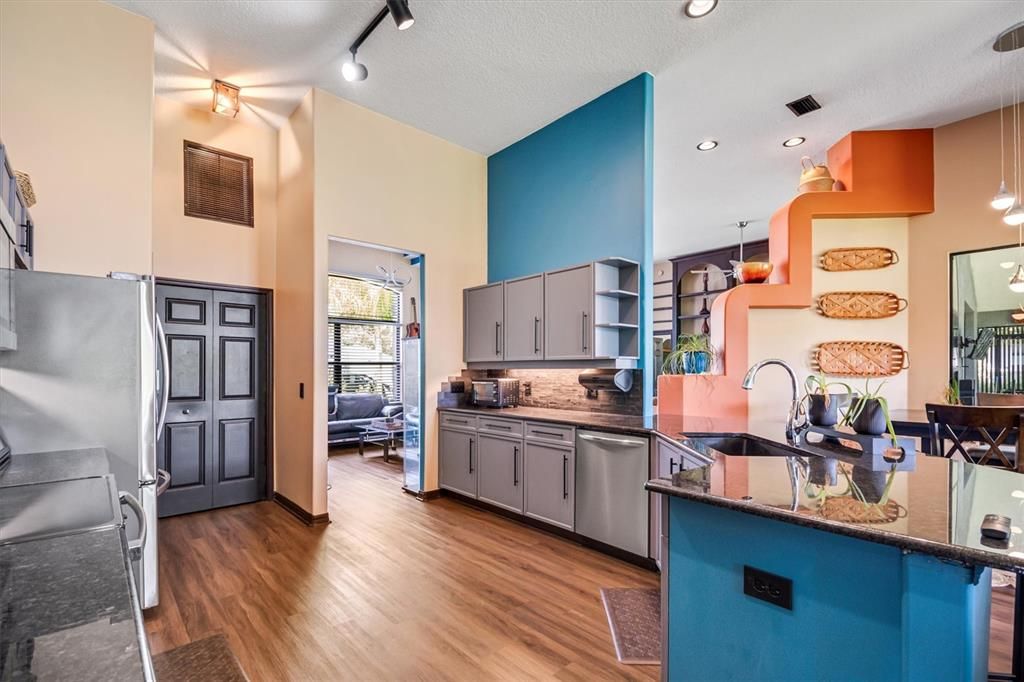 Interior, Kitchen, Pendant Lights, Recessed Lighting, Wood Texture Flooring