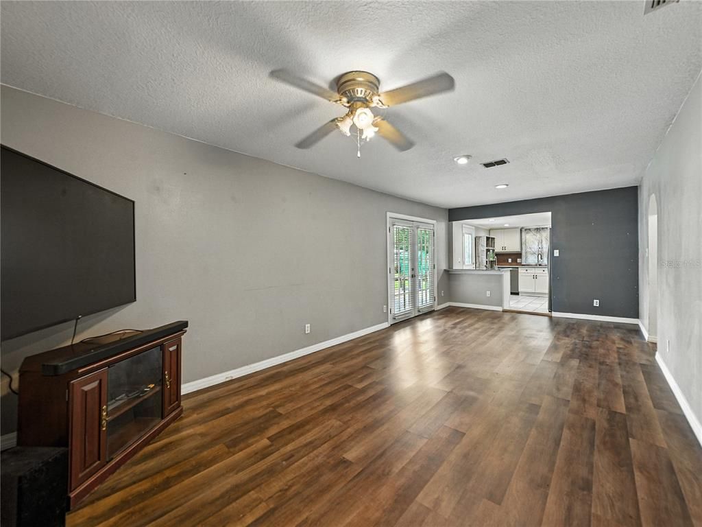 Empty room, Interior, Kitchen, Recessed Lighting, Wood Texture Flooring