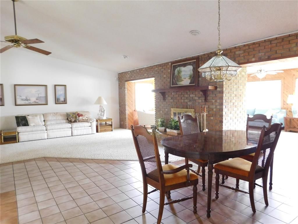Dining room, Fireplace, Interior, Living room, Pendant Lights, Stone Walls