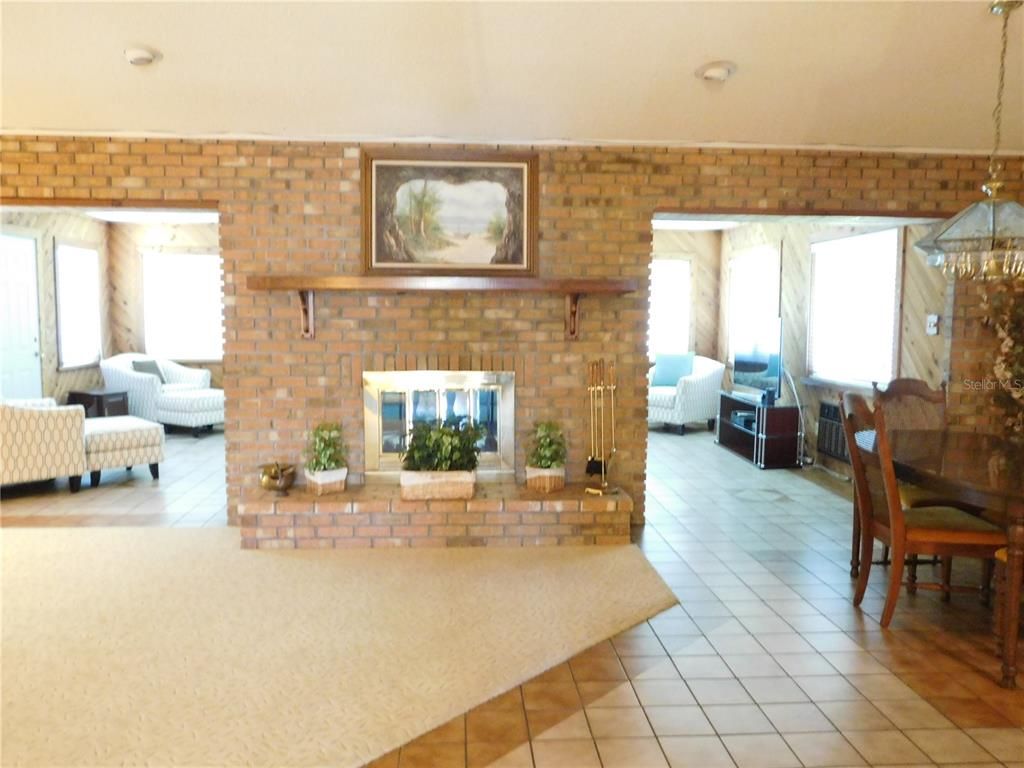 Dining room, Fireplace, Interior, Pendant Lights, Stone Walls