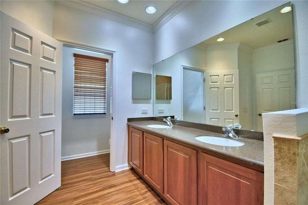 Bathroom, Dual Sink Vanities, Interior, Recessed Lighting, Wood Texture Flooring