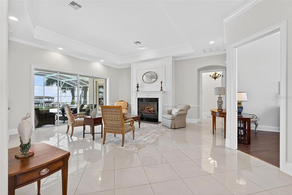 Dining room, Fireplace, Interior, Living room, Recessed Lighting