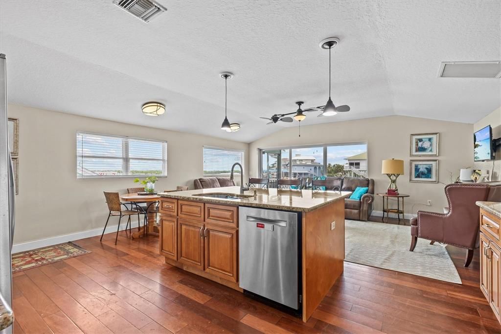 Dining room, Interior, Kitchen, Living room, Pendant Lights, Wood Texture Flooring