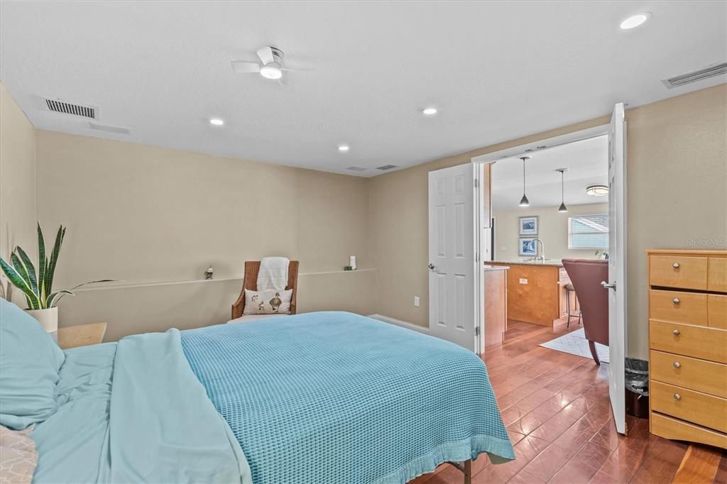 Bedroom, Interior, Pendant Lights, Recessed Lighting, Wood Texture Flooring