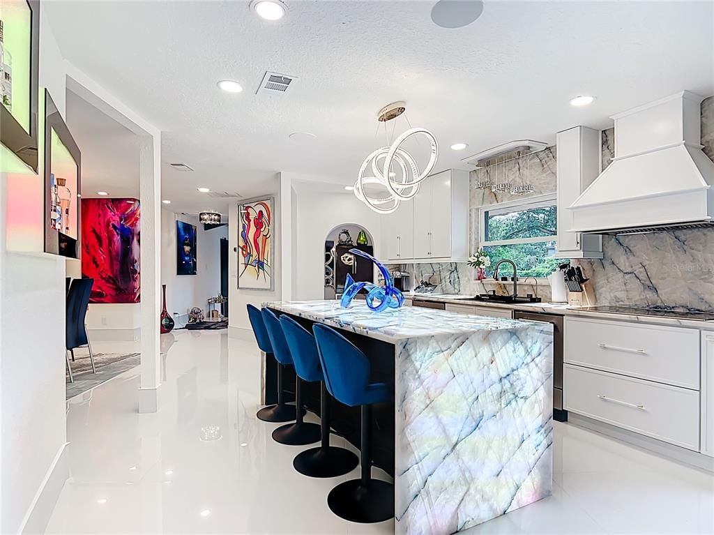 Interior, Kitchen, Marble Walls, Pendant Lights, Recessed Lighting