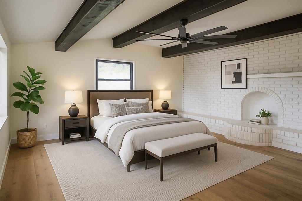 Bedroom, Interior, Stone Walls, Wooden Beams, Wood Texture Flooring