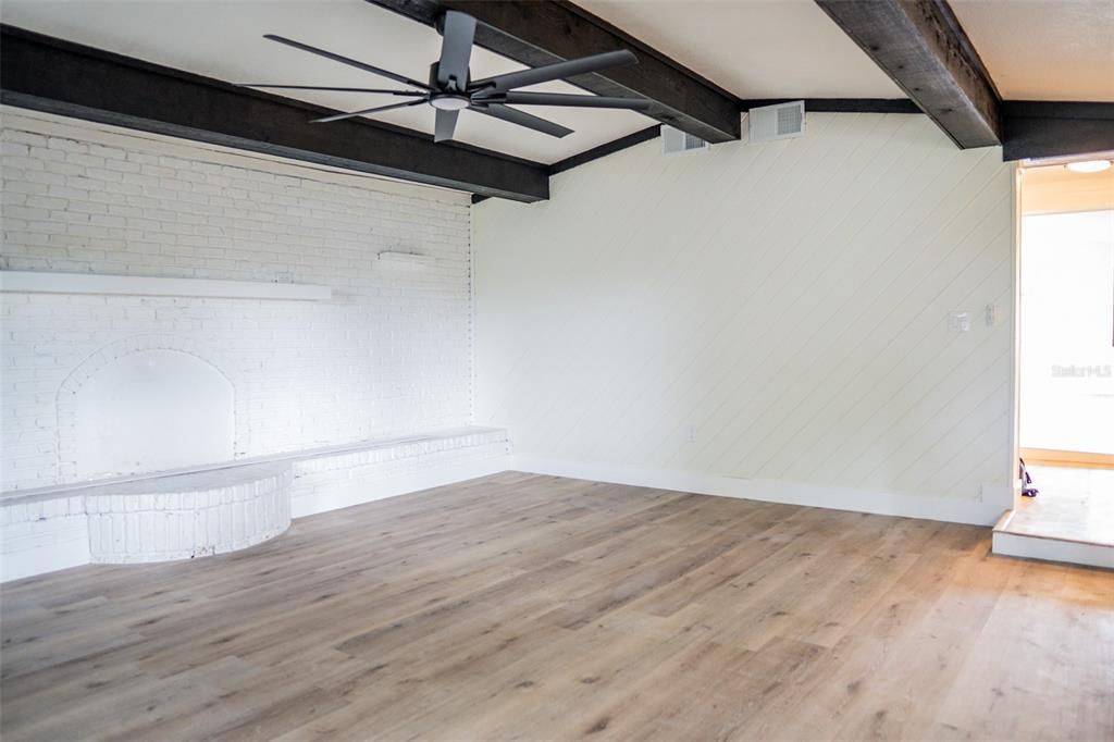 Empty room, Interior, Stone Walls, Wooden Beams, Wood Texture Flooring