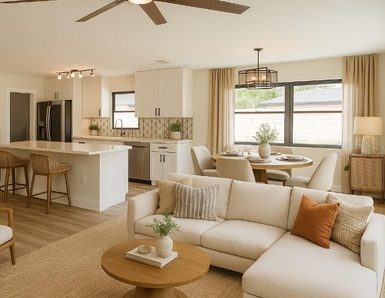 Dining room, Interior, Kitchen, Living room, Pendant Lights, Stainless Steel Appliances, Wood Texture Flooring