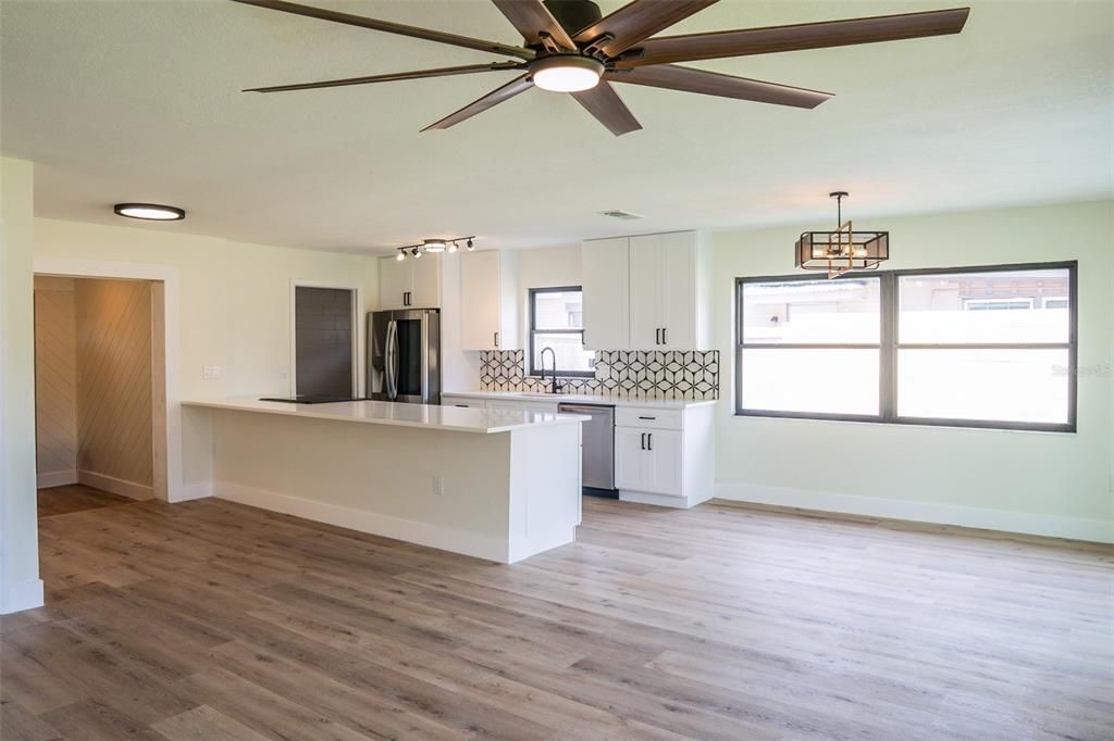 Interior, Kitchen, Pendant Lights, Wood Texture Flooring