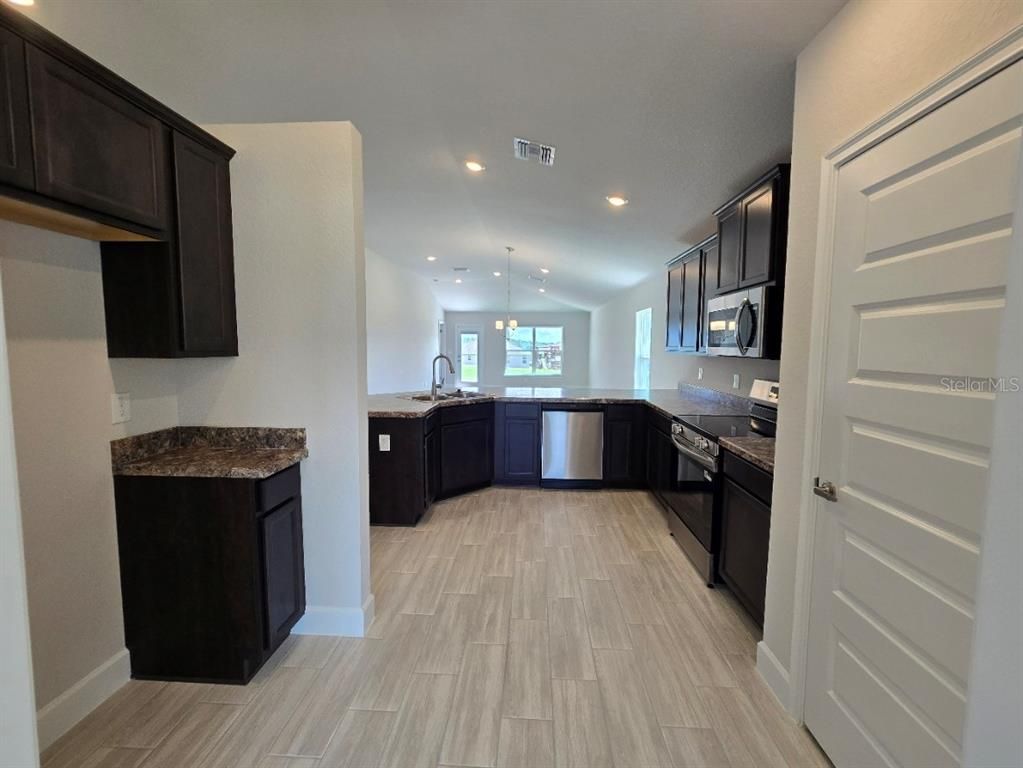 Interior, Kitchen, Pendant Lights, Recessed Lighting, Wood Texture Flooring