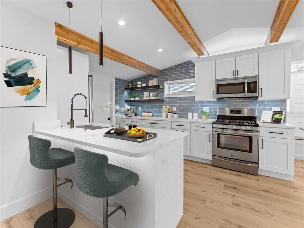 Interior, Kitchen, Pendant Lights, Recessed Lighting, Stainless Steel Appliances, Wooden Beams, Wood Texture Flooring