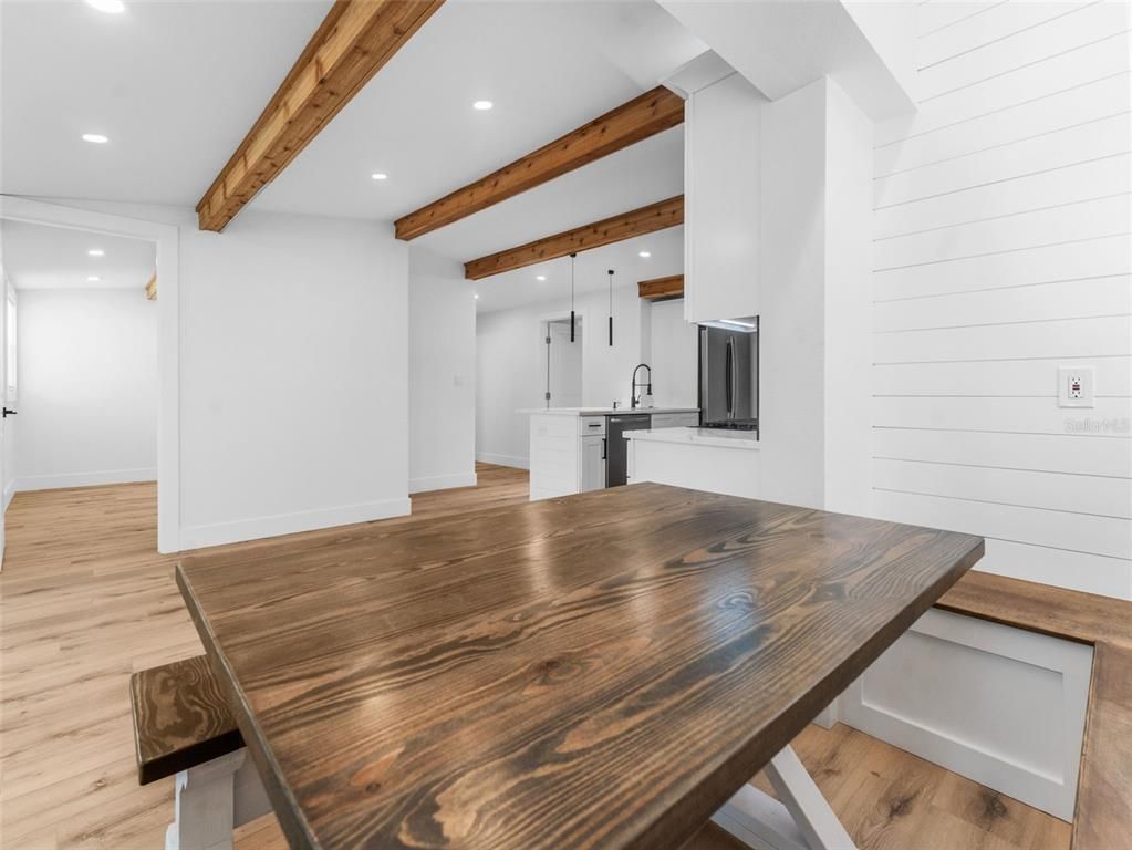 Dining room, Interior, Kitchen, Pendant Lights, Recessed Lighting, Wooden Beams, Wood Texture Flooring