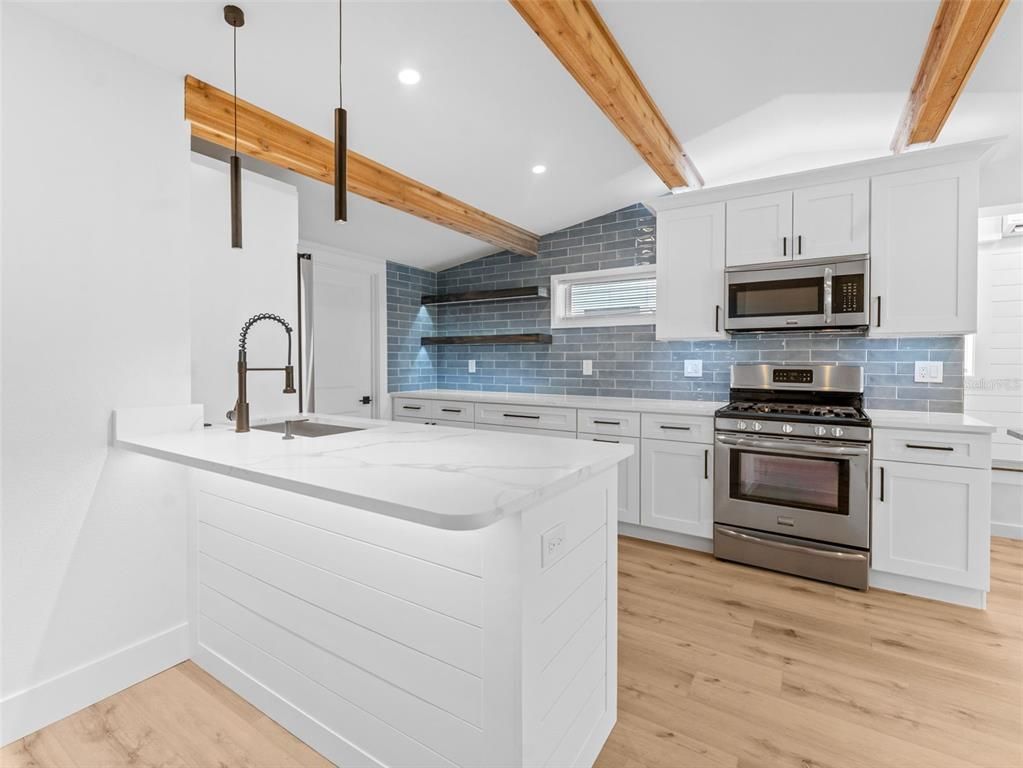 Interior, Kitchen, Recessed Lighting, Stainless Steel Appliances, Stone Walls, Wooden Beams, Wood Texture Flooring