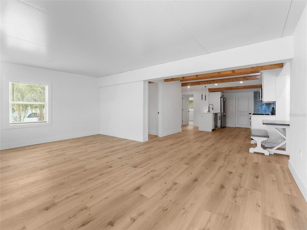 Empty room, Interior, Recessed Lighting, Wooden Beams, Wood Texture Flooring