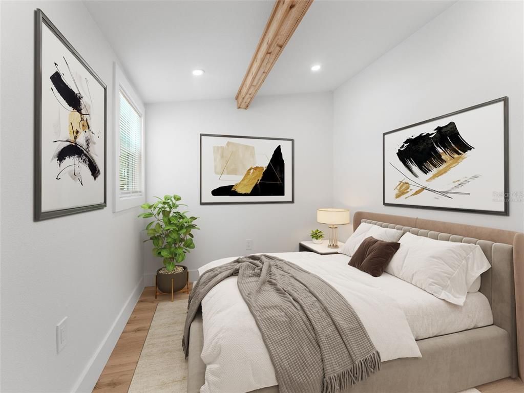 Bedroom, Interior, Recessed Lighting, Wooden Beams, Wood Texture Flooring